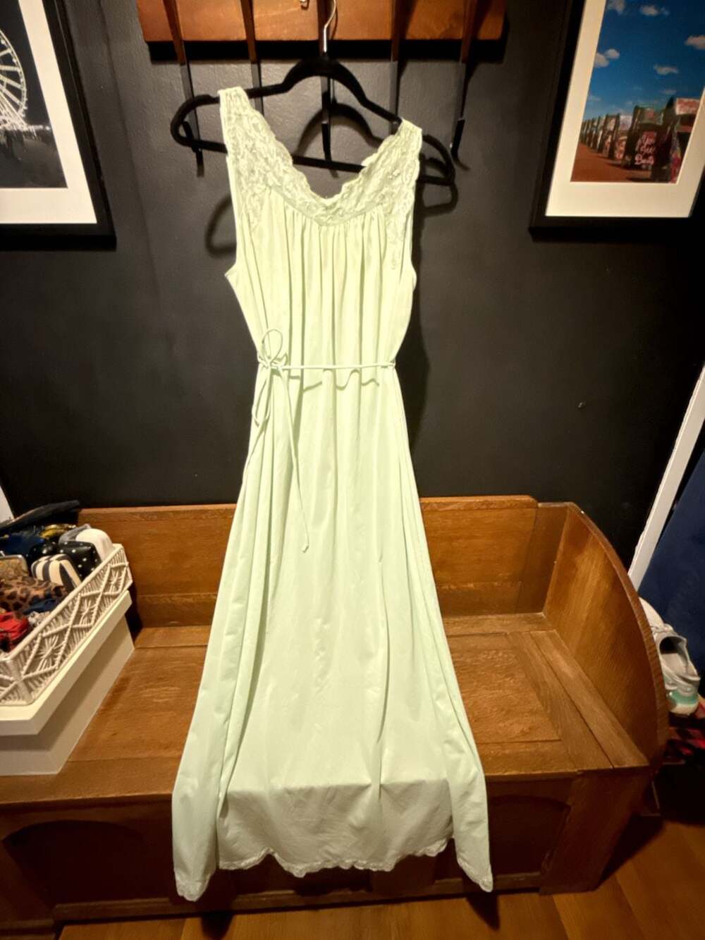 Shadowline Vintage Mint Green Nightgown Sleeveless Medium Lace Trim with Belt